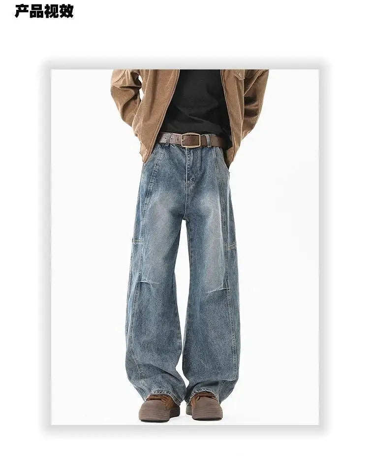 Threebooy Hip hop personality trend men and women straight leg washed jeans American couple loose retro curved knife casual pants y2k