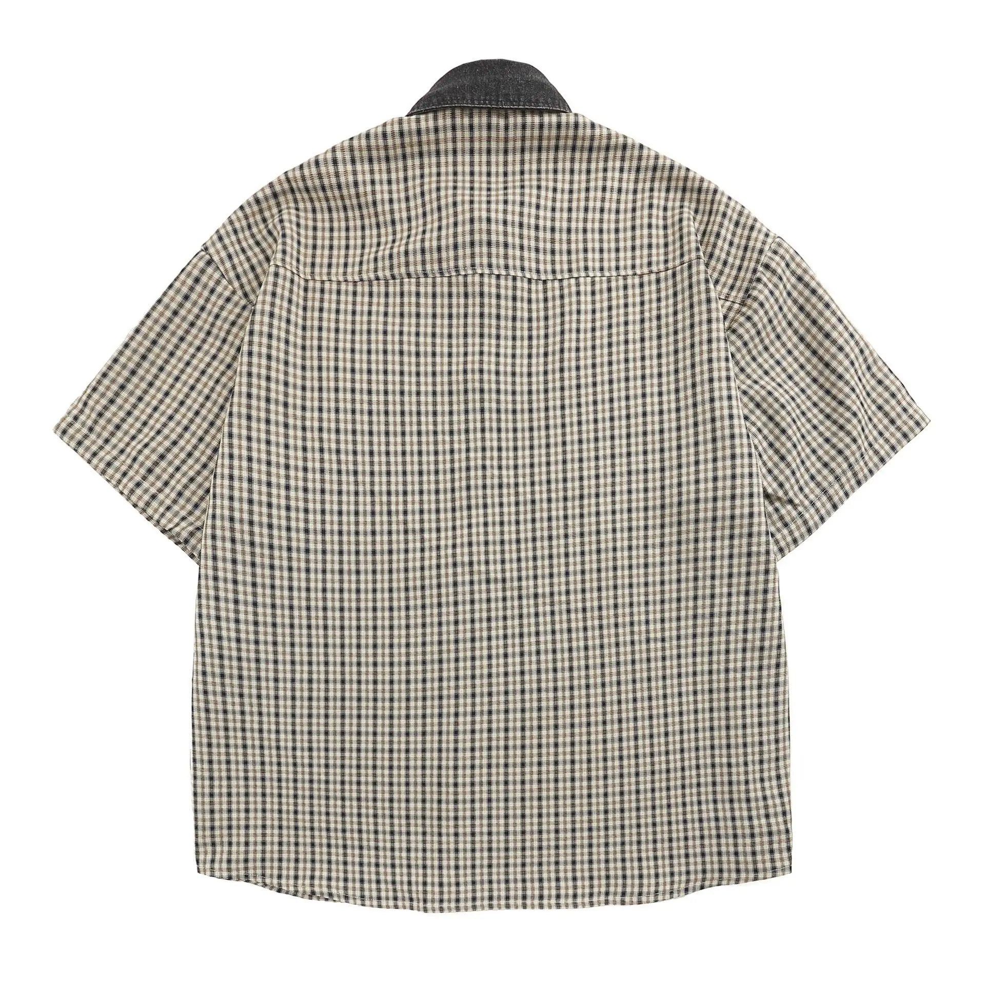 Threebooy  Summer Japanese Retro Patchwork Denim Collar Plaid Short Sleeved Embroidery Shirt for Men and Women Loose Design and Trendy Top