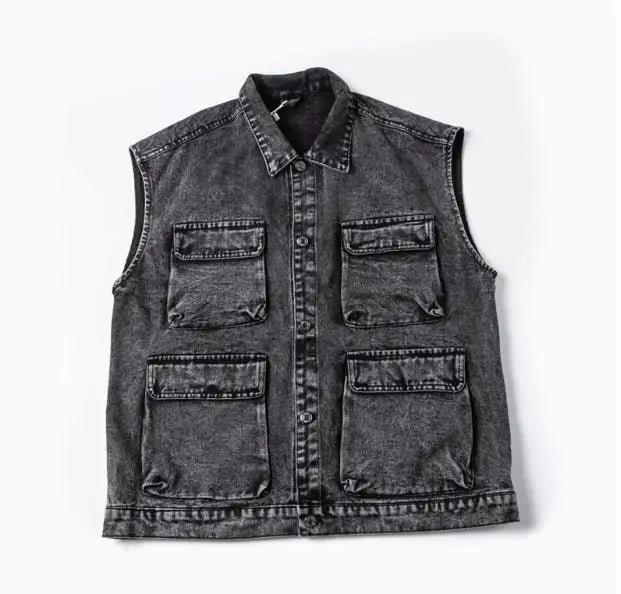 Threebooy American Casual Pure Cotton Washing Denim Vest Loose Sleeveless Horse Clip Men Women Work Pocket Trendy Vest Jacket Aesthetic