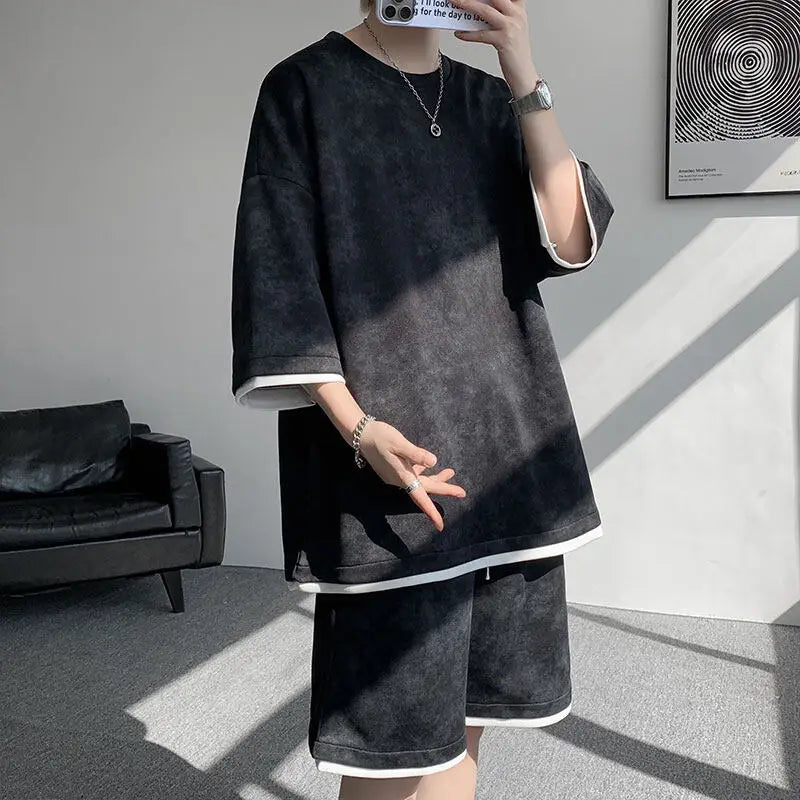 Threebooy  T-shirt set men Men Printed Loose Fit Round Neck T-Shirt Elastic Waist Shorts Set Summer Casual Comfortable Beachwear Streetwear
