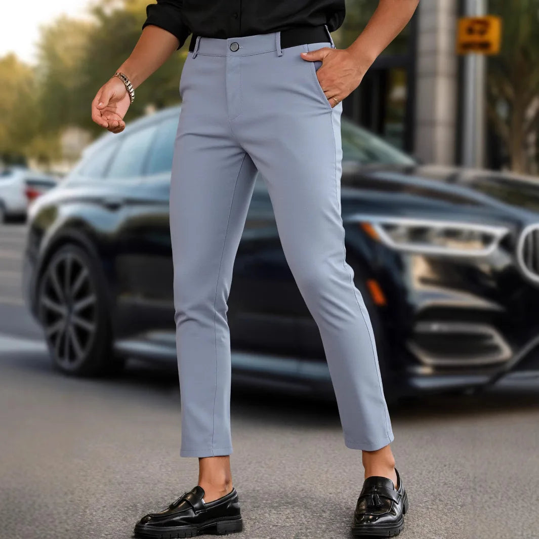 Threebooy  Suit Pants Men's Clothing High-quality Solid Color Ice Silk Men's Dress and Ankle Pants Elastic Slim Fit Business Formal Pants