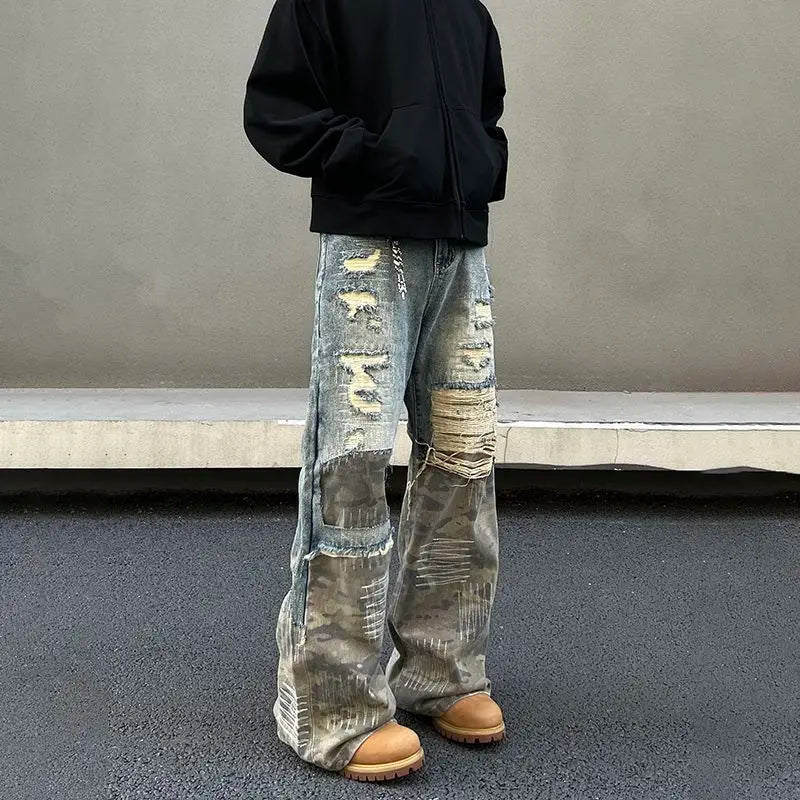 Threebooy American high street men and women trendy washed straight leg jeans for couples loose retro spring and autumn casual pants y2k