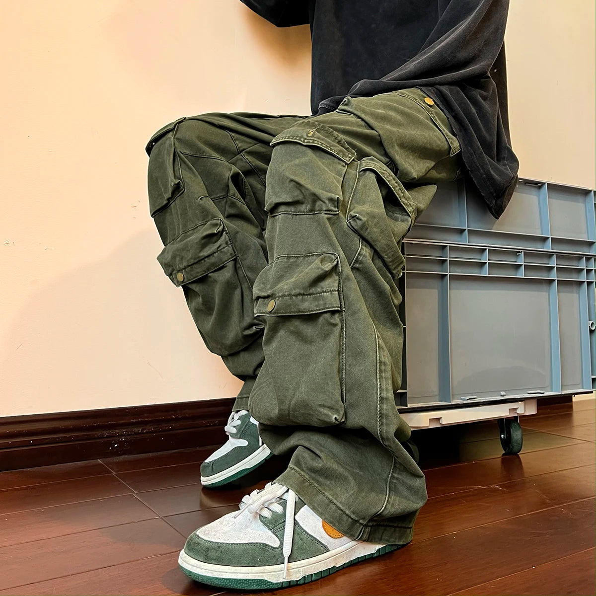 Threebooy Multi-pockets Cargo Pants Harajuku Streetwear Casual Tooling Pant Men's Hip-hop Mopping Trousers Vintage Daily Wide Leg Pants