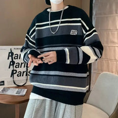 Threebooy Literature and Art Men's Loose Stripe Round Neck Knitwear Men's Autumn Oversize Lazy Sweater men coat winter clothes sweter