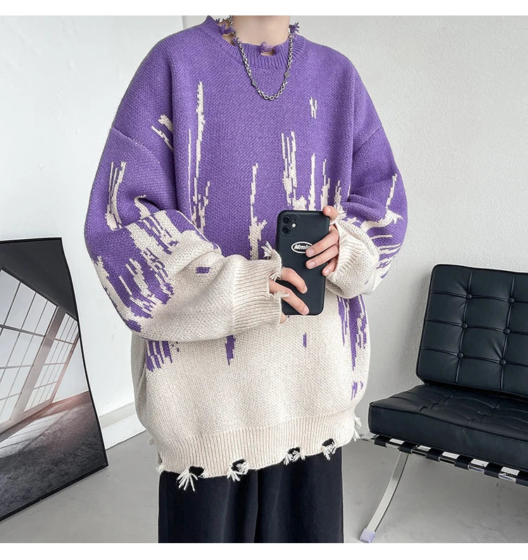 Threebooy Hip Hop Ripped Punk Knitted Sweaters Men Oversized Harajuku Streetwear Sweaters Winter Couples Fashion Knit Pullovers Tops