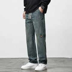 Threebooy  Men's Drawstring Jeans Casual Loose Jeans Harajuku Fashion Retro Blue Trousers Straight Elastic Waist Casual Large Size 4XL