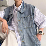 Threebooy Denim Sleeveless Jacket Men Fashion Oversized Harajuku Denim Jeans Casual Jeans Waistcoat Cowboy Hip Hop Streetwear Clothing