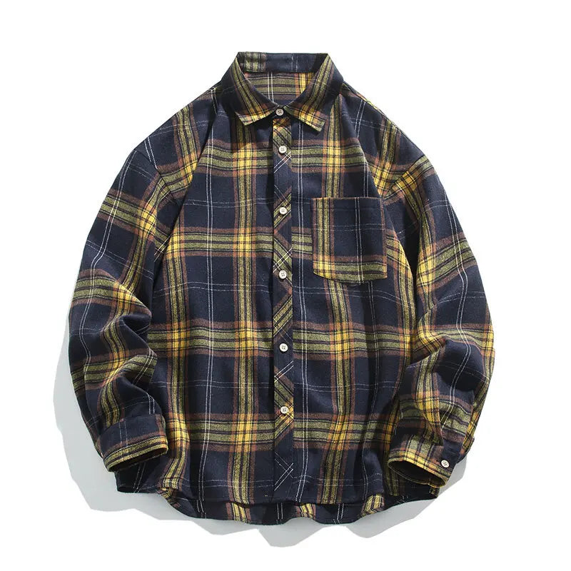 Threebooy Oversized Long Sleeved Shirt Men Retro Plaid Shirt Men Japanese Streetwear Loose Casual Shirt Mens Vintage Shirts Plus Size 5XL