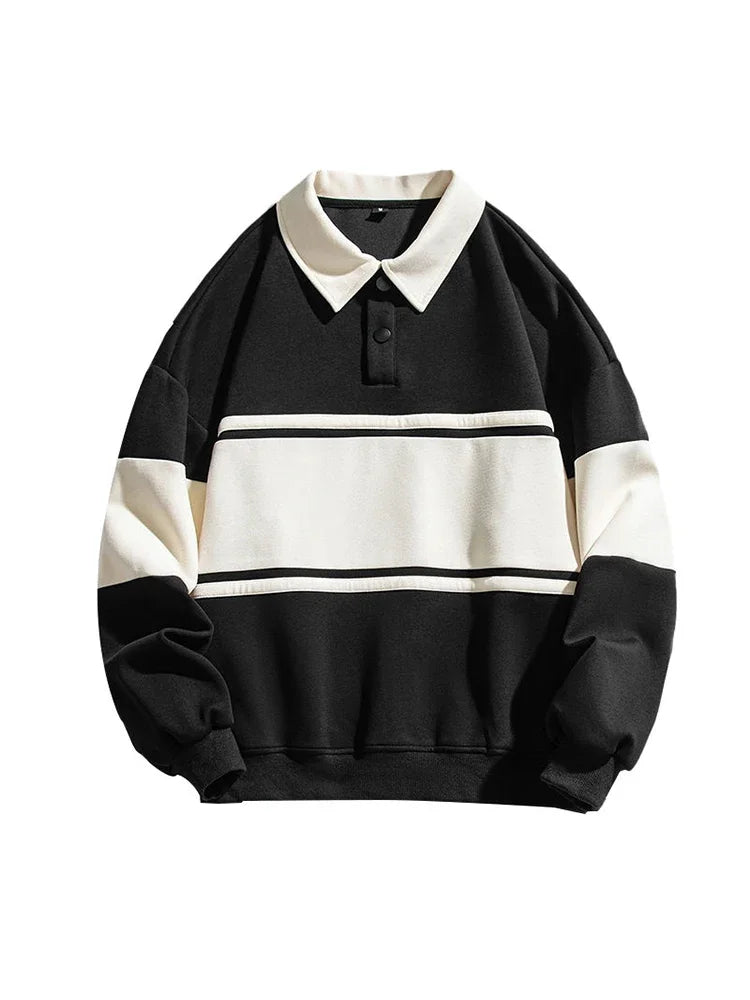 Threebooy American Retro Lapel Shirt Color Contrast Button Sweatshirt Men Women Preppy Oversize Stripe Turn Down Collar Pullover