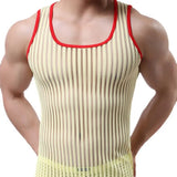 Threebooy Summer Mens Undershirts Sleeveless Striped Shirts Solid Color Vest Male Mesh Sexy Transparent Tees Bottoming Shirt Men Sexy Wear