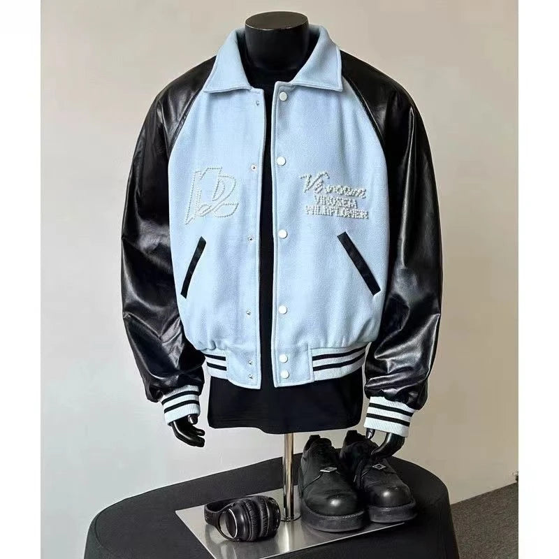 Threebooy  American Retro Baseball Uniform High Street Contrasting PU Leather Bead Design Ragdoll Sleeve Jacket Versatile Couple Jacket