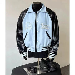 Threebooy  American Retro Baseball Uniform High Street Contrasting PU Leather Bead Design Ragdoll Sleeve Jacket Versatile Couple Jacket
