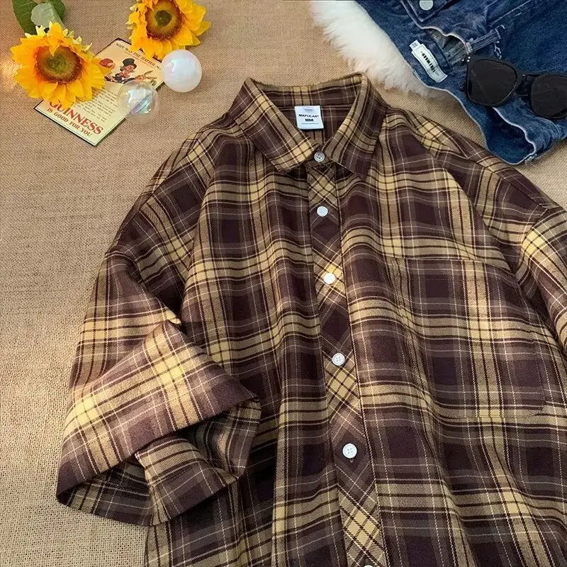 Threebooy Summer Men's Loose Checkered Short Sleeved Shirt Casual Elegant Turn Collar Half Sleeved Shirt Jacket