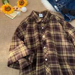 Threebooy Summer Men's Loose Checkered Short Sleeved Shirt Casual Elegant Turn Collar Half Sleeved Shirt Jacket