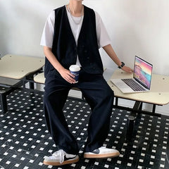 Threebooy  Spring Summer Men's Japanese Style 3 Piece Workwear Vest Set Trendy Cool High Quality Casual Outfit