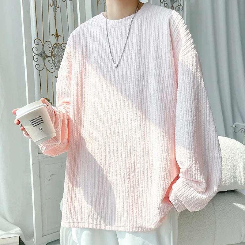 Threebooy  Spring Long Sleeved T-shirt Men White Casual T Shirt Men Streetwear Korean Loose Pleated T Shirt Mens Top Large Size M-5XL