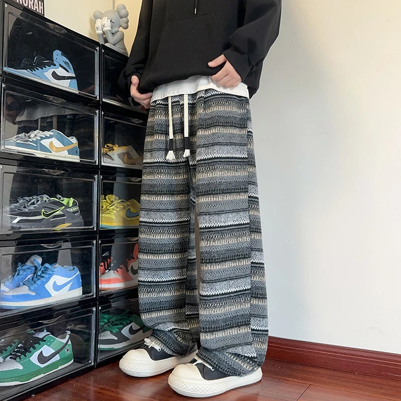 Threebooy Autumn Woolen Pants Men Fashion Retro Stripe Pants Men Streetwear Hip-hop Loose Wide Leg Pants Mens Vintage Trousers Large Size