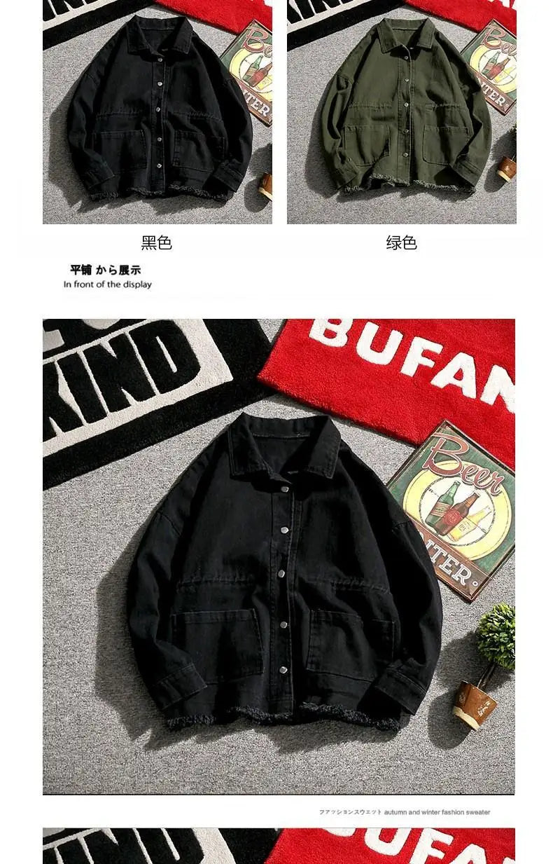 Threebooy Japanese Cargo Retro Jacket Men 2025 Spring Loose Large Size Army Green Denim Jacket Preppy Trendy High-end Simple Jacket Chic