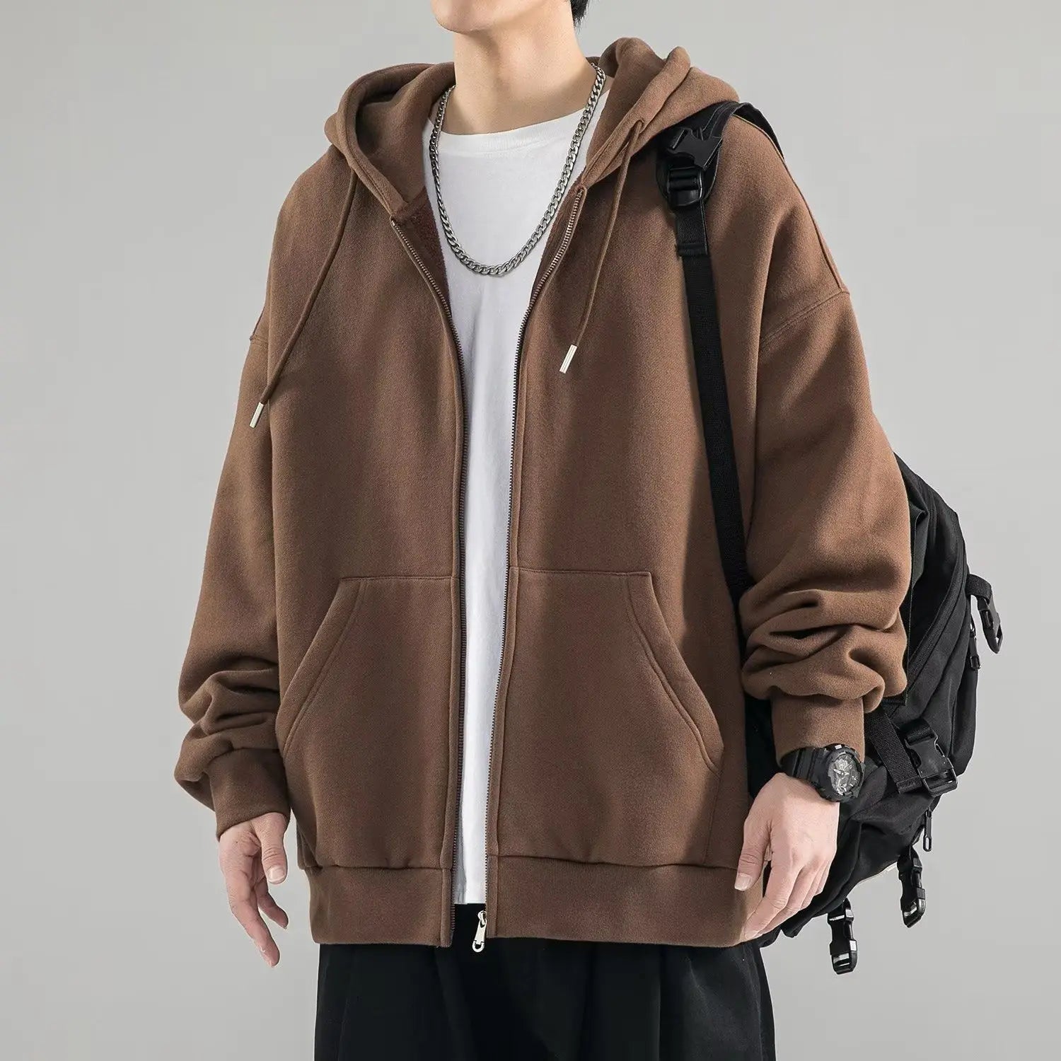 Threebooy Solid Zipper Cardigan Sweatshirt for Men in Spring Autumn Loose Versatile Hooded Student Hong Kong Style Men's Clothing Jacket