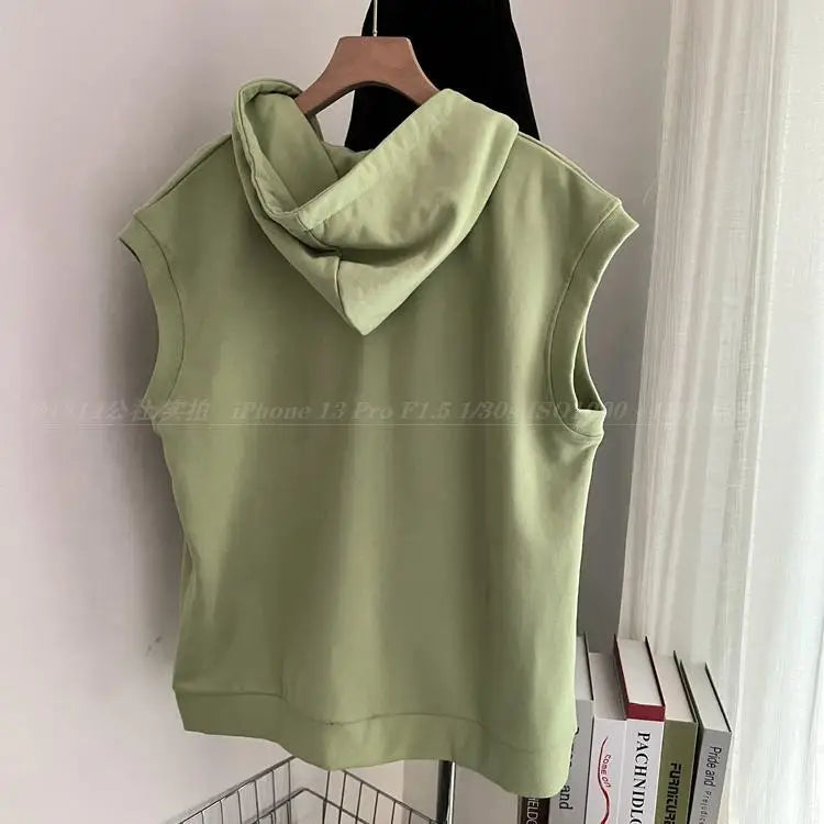 Threebooy Hooded Vest Jacket American Casual Sports Vest Men Women Korean Streetwear 2025 Trendy Loose Sleeveless Zipper Cardigan
