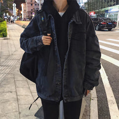 Threebooy Light Blue Black 2025 Fashion Casual Hip Hop Loose Denim Single-breasted Lapel Multi-pocket Youth Male Teenager Men's Hem Jacket