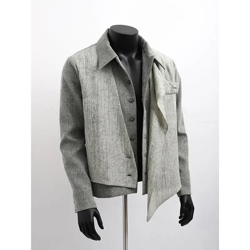 Threebooy American High-end Bomber Jacket Fake Two-piece High Street Trend Top Korean Lapel Solid Color Cleanfit Design Jacket Aesthetic