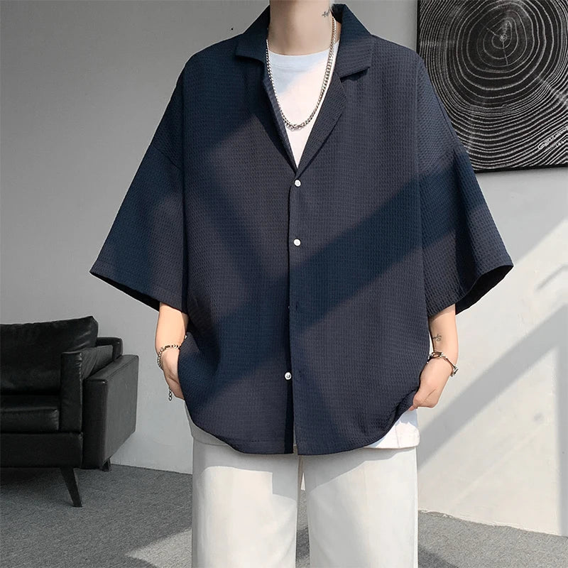 Threebooy Solid Color Suit Collar Men's Texture Shirts Men Oversized Casual Half Sleeve Shirt Tops Summer Streetwear Man Blouse 5XL-M