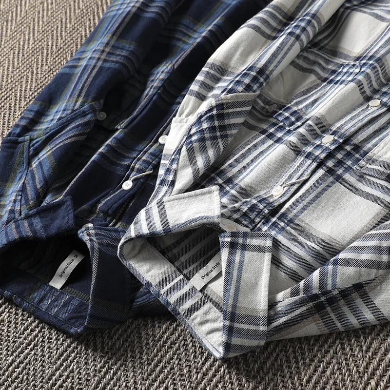 Threebooy  Spring Autumn Heavyweight Pure Cotton Checkered Shirt Male Clothing Simple Versatile Men's Casual Long Sleeve Plaid Shirt Jacket