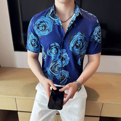 Threebooy  Summer New Fashionable Printed Short Sleeve Shirt Ice Silk Comfortable Shirt Fashionable Casual Flower Quality Men's Wear