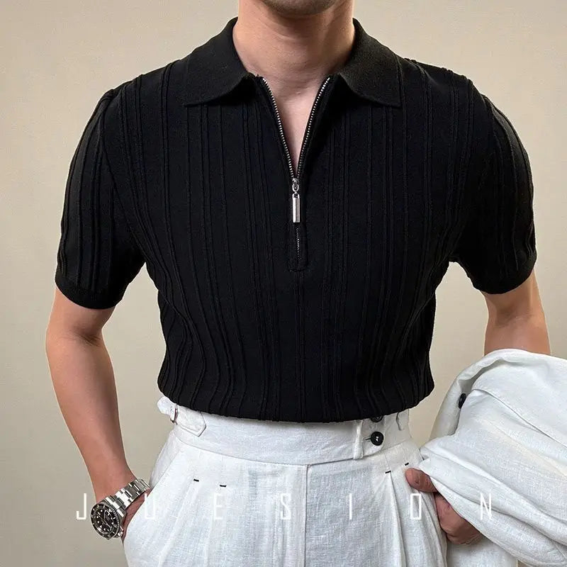 Threebooy Zipper Knitted Short-sleeved Polo Shirt Men Summer American Retro Commuting Loose Vertical Striped Pit Strip Lapel T-shirt Men