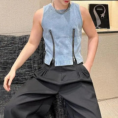 Threebooy Mens Denim Vest Double Zipper Casual Short Vest Niche Personality Streetwear Versatile Sleeveless Tank Top Men'S Clothing 2024