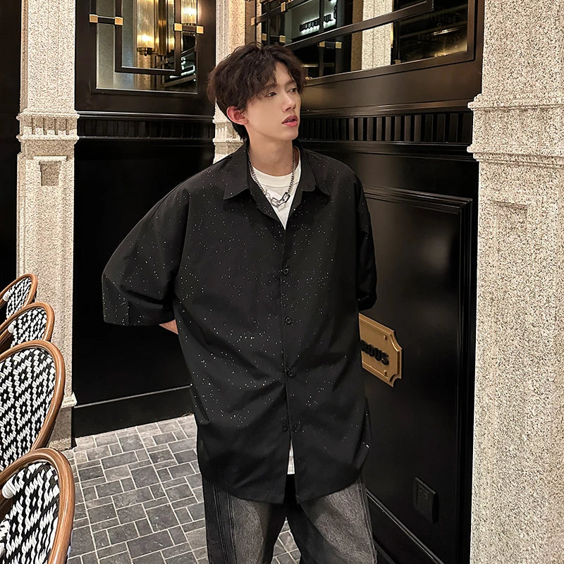 Threebooy Streetwear Men's Glitter Shirts Summer Short Sleeve Oversized Chic All-match Shirt Men Women Korean Daily Loose Tops Black/White
