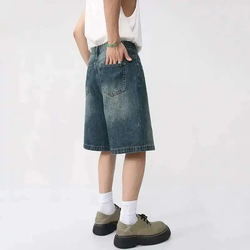 Threebooy  Summer Denim Shorts Men's Loose Korean Style Retro Short Jeans Fashion Washed Casual Knee Length Pant New Streetwear