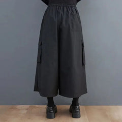 Threebooy Gothic Style Japanese Casual Large Pocket Culottes Fashion Loose Daily Versatile Elastic Waist Wide Leg Pants Unisex 2024 New