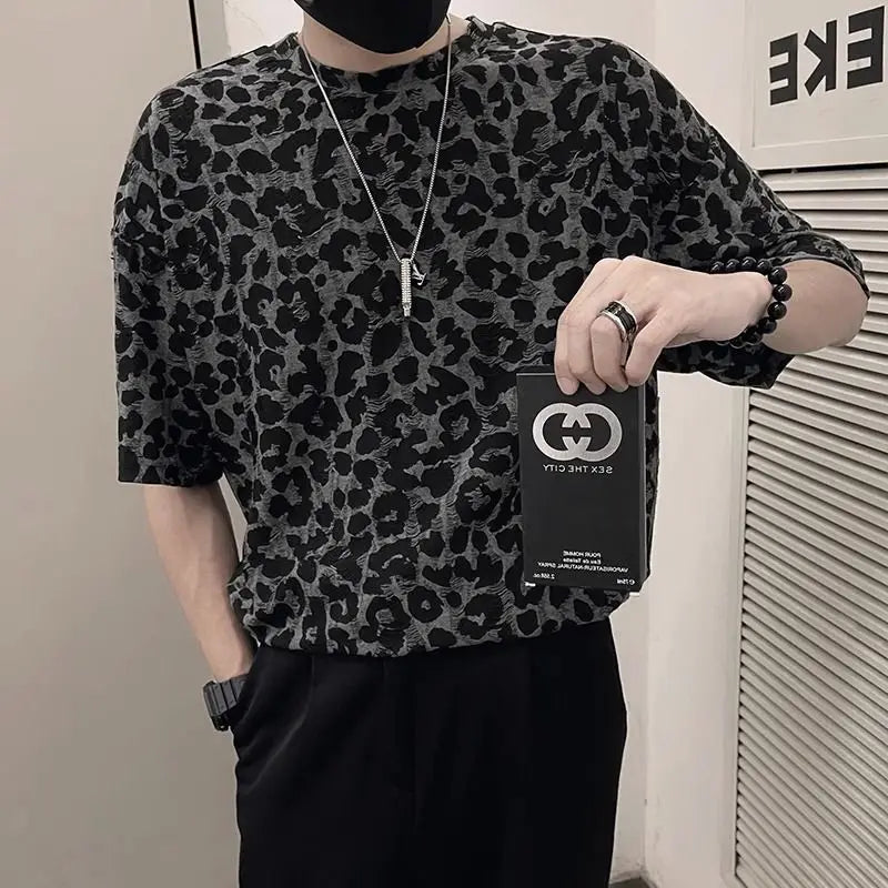 Threebooy Leopard Print Hollow Five-point Sleeve T-shirt Men's Summer Ice Silk Cool Short-sleeved 2025 New Men's Fashion Trend Top Chic