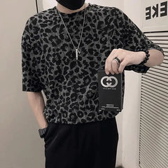 Threebooy Leopard Print Hollow Five-point Sleeve T-shirt Men's Summer Ice Silk Cool Short-sleeved 2025 New Men's Fashion Trend Top Chic