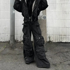 Threebooy  American heavy industry multi pocket splicing design straight tube workwear jeans men and women trendy retro casual pants y2k