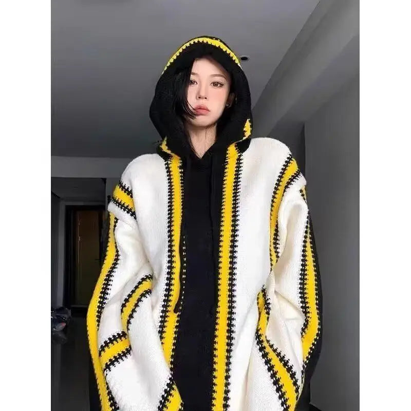 Threebooy Korean street style men and women trendy color blocked striped hooded sweater for couples autumn and winter loose retro casual
