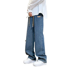 Threebooy  Branded Men's Baggy Jeans Classic Drawstring Loose Casual Straight Pants College Students Daily Versatile Blue Pants