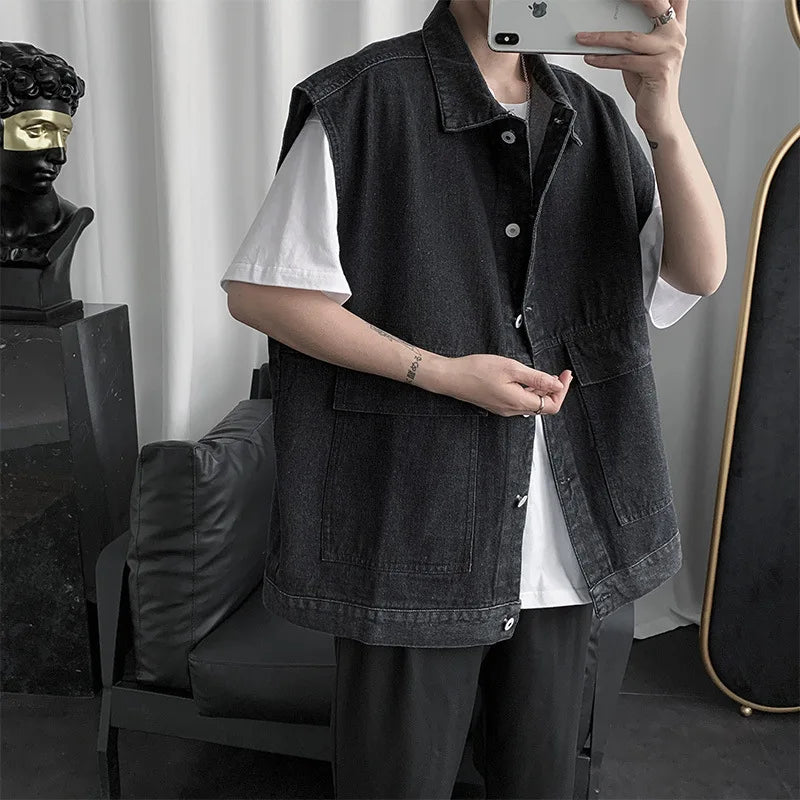 Threebooy Men's Spring Autumn Strapless Denim Jacket Korean Fashion Loose Sleeveless Work Cowboy Vest