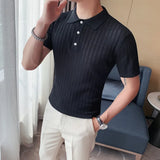 Threebooy  British Style POLO Shirts Men Knitting Short Sleeve Shirts Solid Color Lapel Business Casual Top Summer Social Clothing 3XL