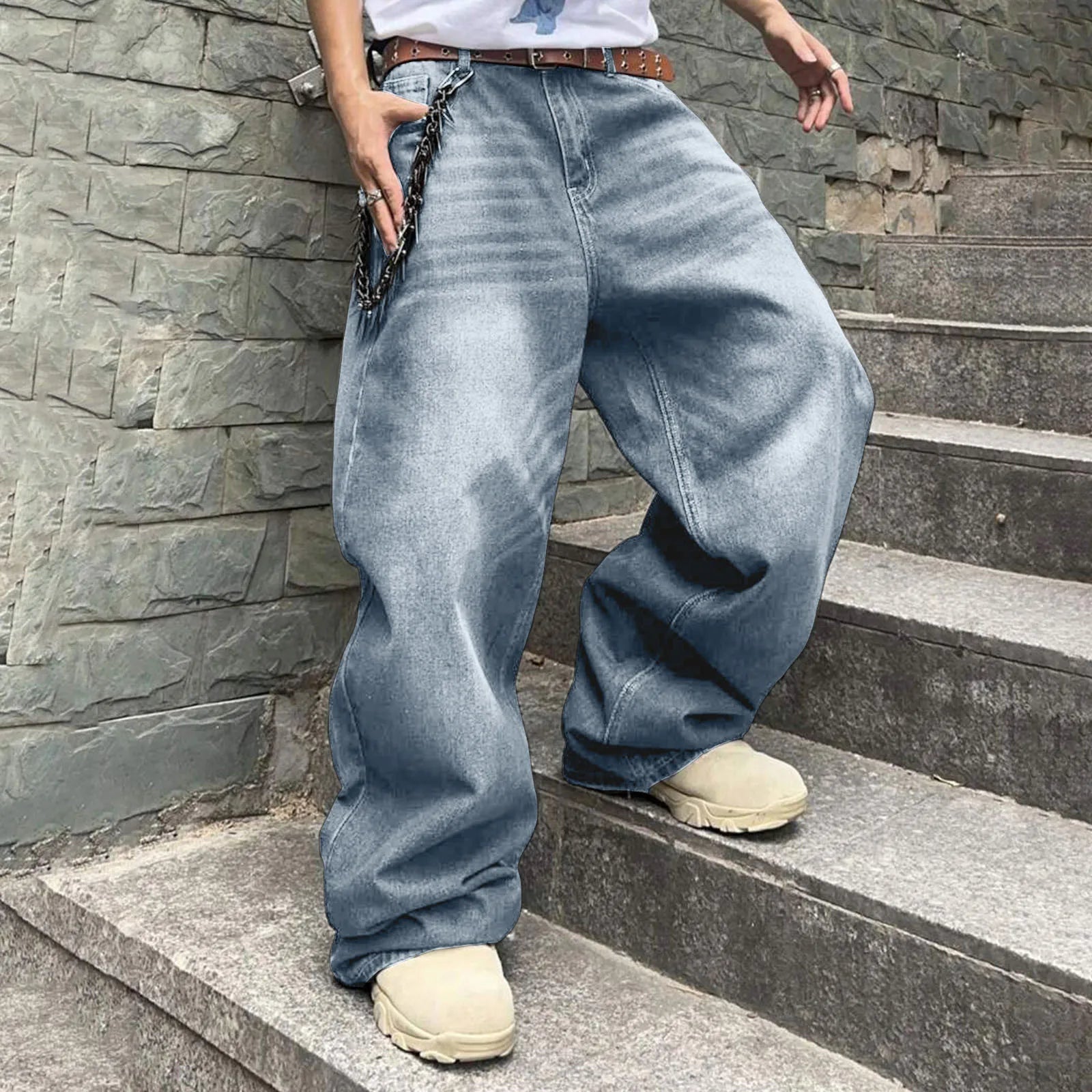 Threebooy Men Baggy Denim Pants Wide Leg High Waist Belt Casual Trousers Loose Plus Size Stylish Streetwear Men's Hip Hop Streetwear
