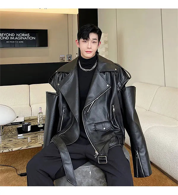 Threebooy Autumn Winter Wide Shoulder Zipper Leather Jacket Luxury Men Streetwear Loose Vintage Punk Motorcycle Jacket Korean Fashion Coat