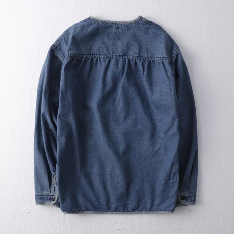 Threebooy  Hip Hop Men's Washed Workwear Denim Jacket Spring Autumn Collarless Taoist Robe V-neck Jackets And Coats Streetwear