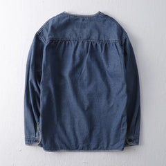 Threebooy  Hip Hop Men's Washed Workwear Denim Jacket Spring Autumn Collarless Taoist Robe V-neck Jackets And Coats Streetwear