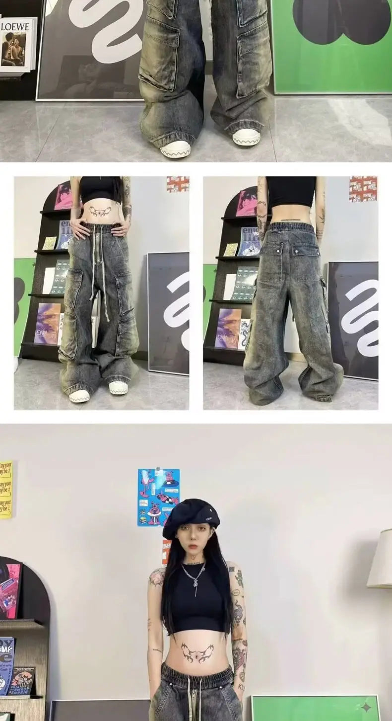Threebooy Street men and women trendy and personalized hip-hop straight leg washed gradient jeans for couples loose casual Harajuku pants