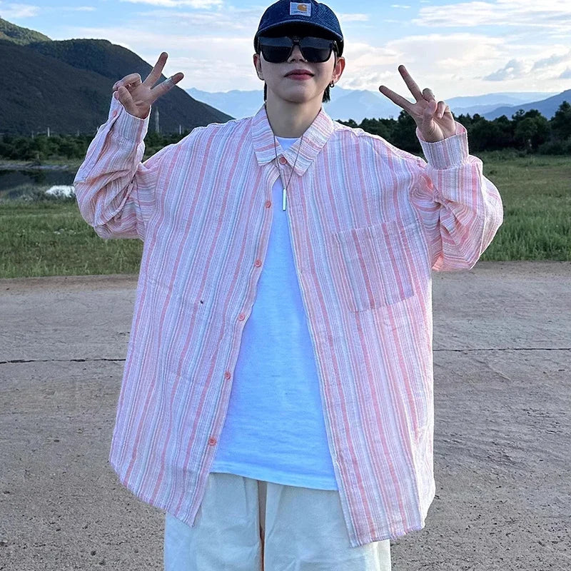 Threebooy 2025 New Japanese Spring Button Down Striped Men Shirts Fashion Casual Couple Shirt Long Sleeved High-Quality Hip-Hop Streetwear