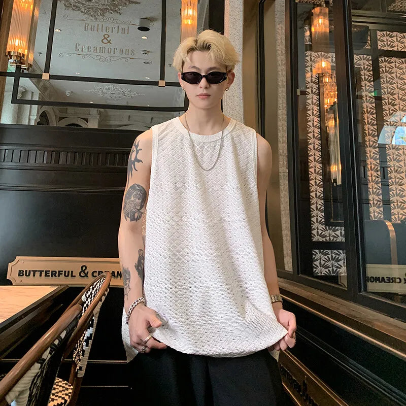 Threebooy Men Ice Silk Hellow Sleeveless TShirts O-Neck Vest Summer Male Loose Casual Tank Tops Fashion Oversized Singlets Male Clothing