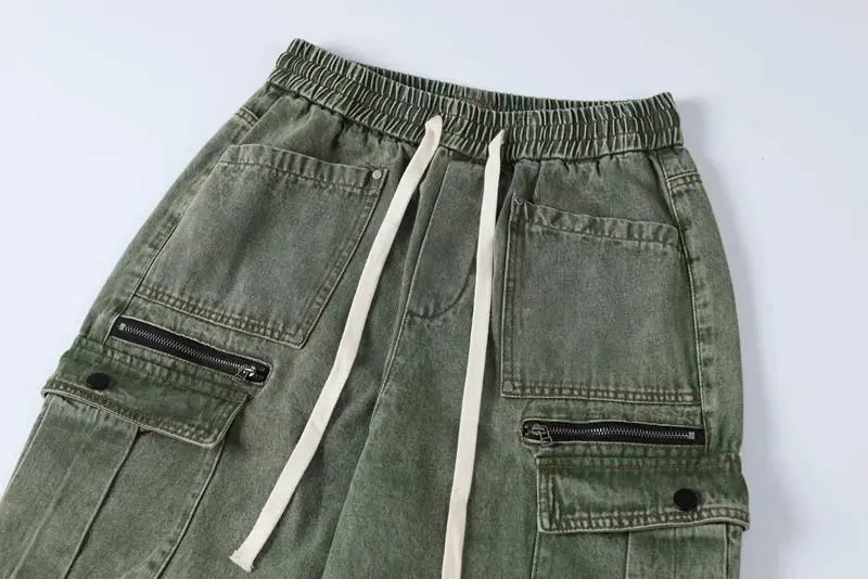 Threebooy Hip hop retro high street men and women trendy personalized washed workwear jeans for couples loose straight leg casual pants