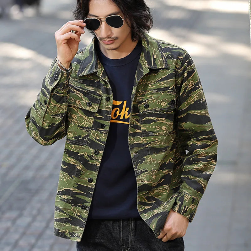 Threebooy  Spring Men's Tiger Stripe Camo Camouflage Cargo Shirt Fashion Work Engineer Long Sleeved Shirt Jacket With Double Pockets
